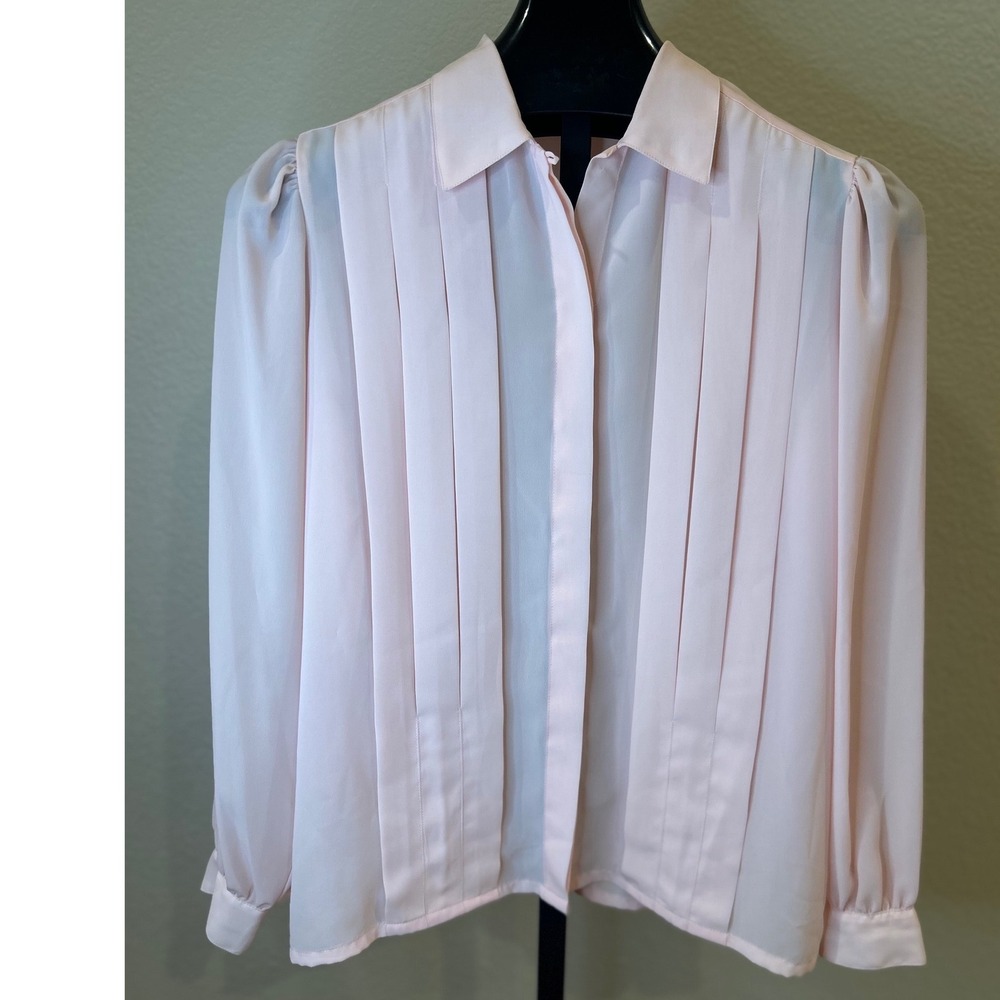 Vintage La Blouse Pink Pleated Long Sleeve Pearl Button Blouse Women's Size 14‎